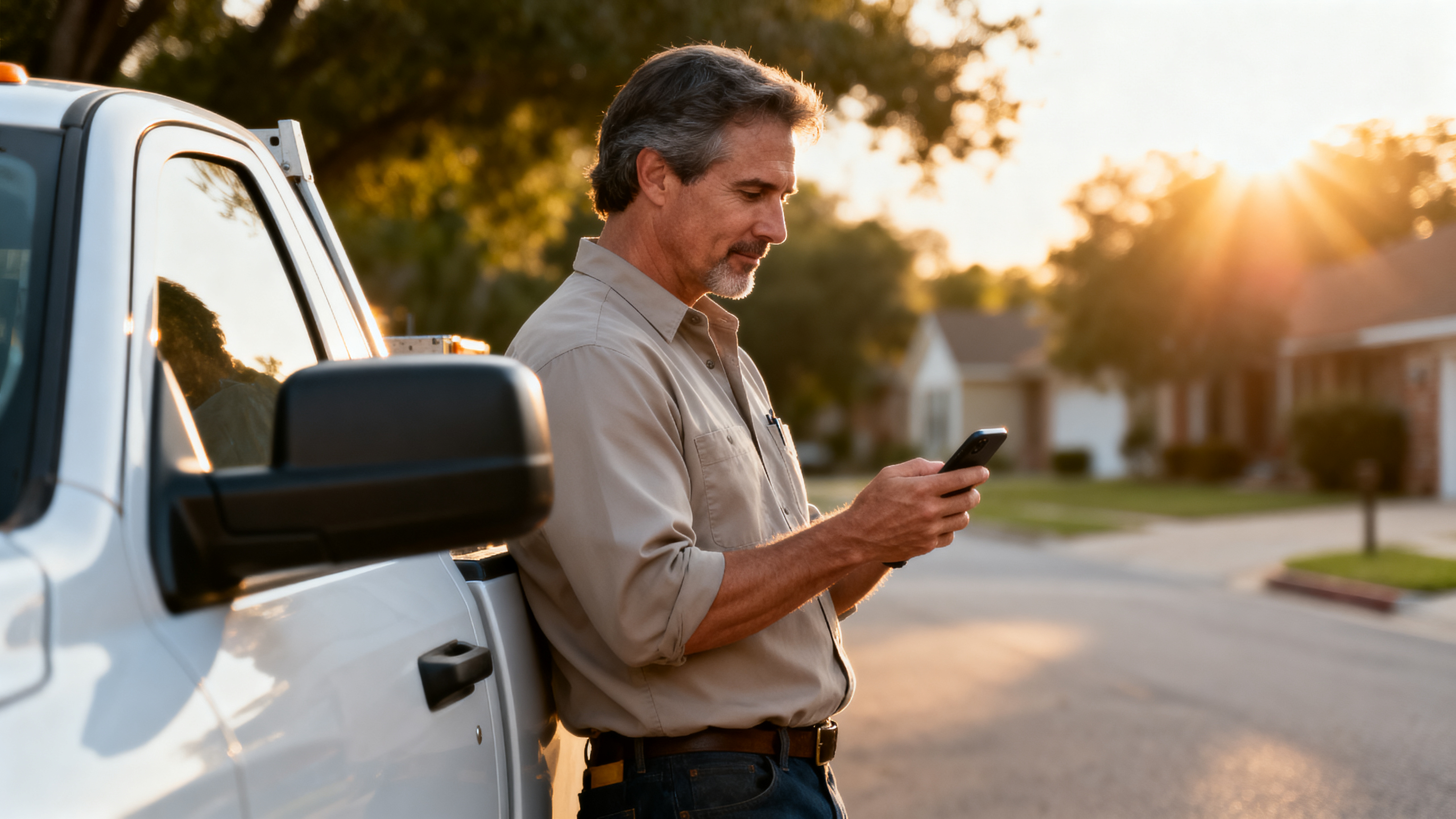 A trades contractor leaning on his work truck at golden hour, checking his phone in a DFW neighborhood